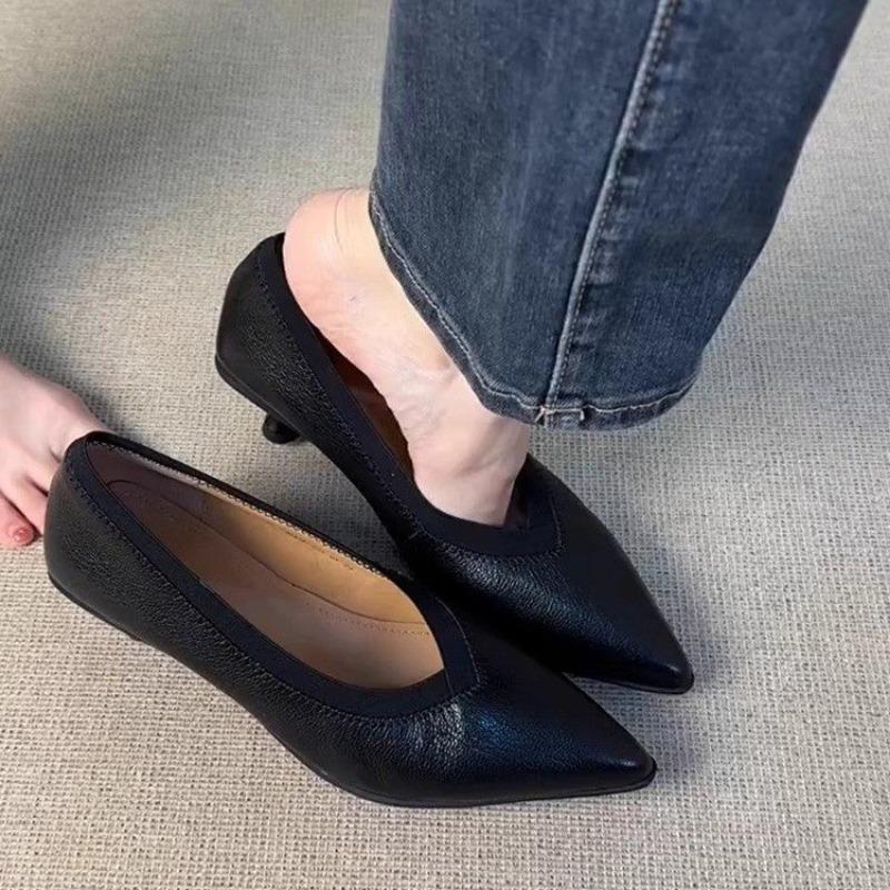 Fashion New Handmade Genuine Leather High Heels Slip On Shallow Women Pumps Pointed Toe  Office Lady Party Solid