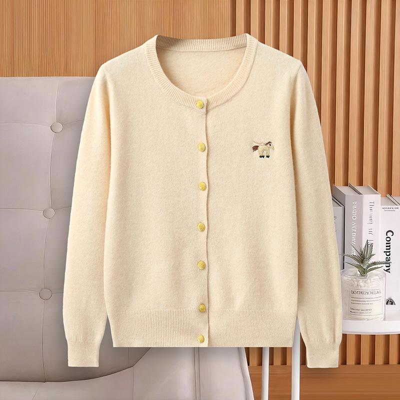Women's Knitted Wool Cardigan with Round Neck and Small Horse Embroidery - 100% Pure Wool, New Autumn Collection.