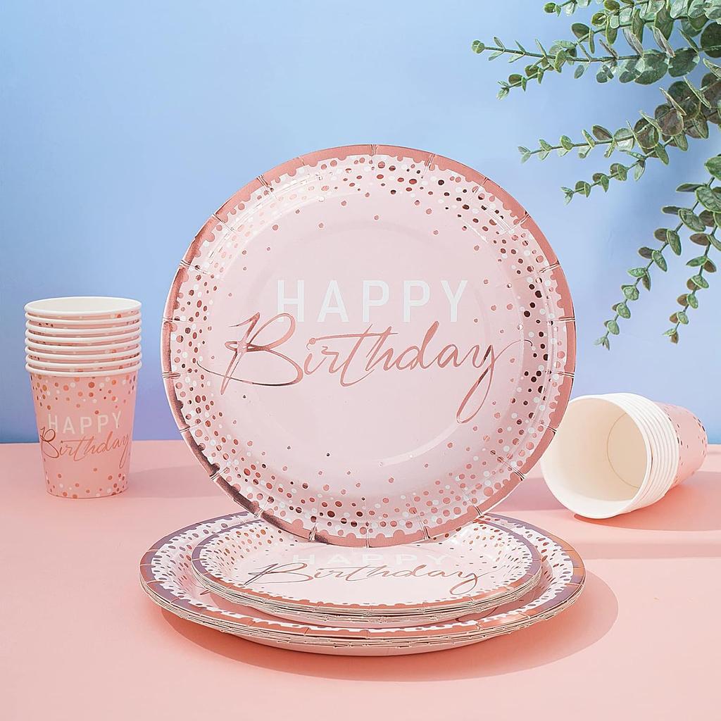 175PCS Happy Birthday Plates and Napkins Party Supplies, Paper Pink and Rose Gold Plastic Forks Knives Spoons Serve 25 Guests for Girl Women