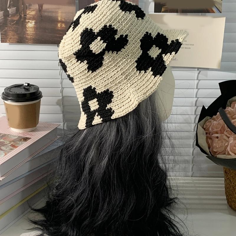 Spring Fisherman Hat for Woman Weaving Bucket Hat Crochet Flower Wide Brims Hat