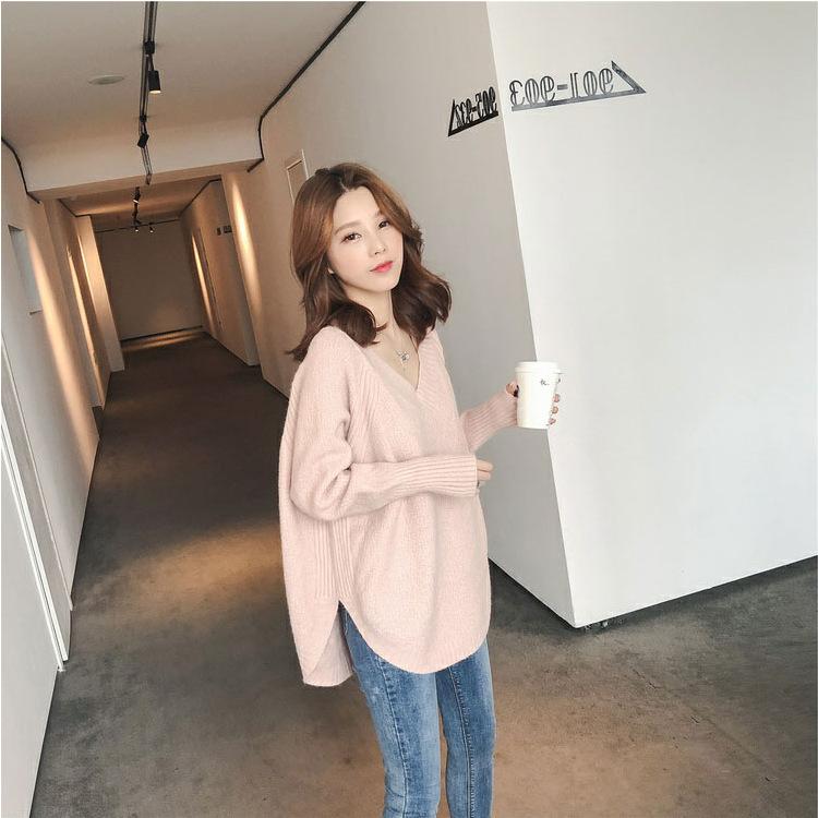 Autumn Winter Women's Sweater Knitwear Loose V-neck Medium-length Knitted Tops Pullover Jumper