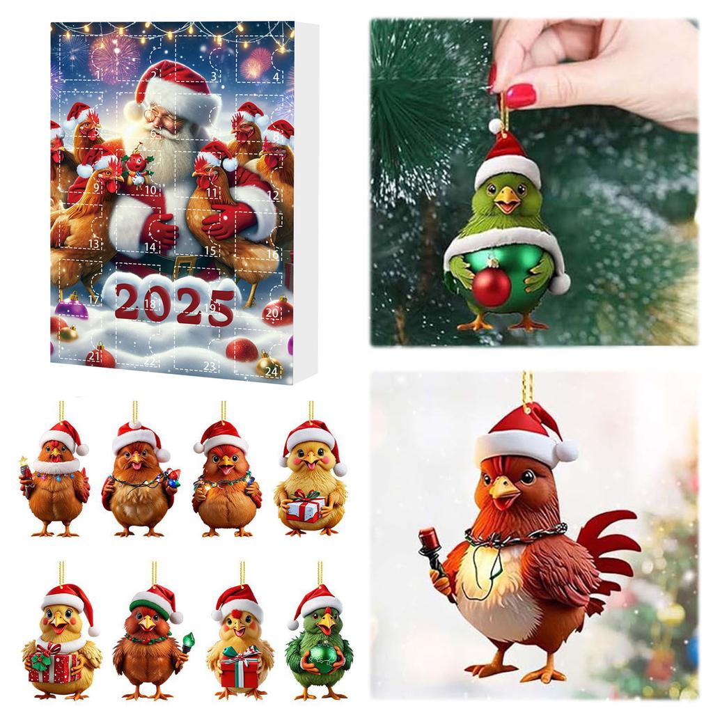 2025 Christmas Countdown Calendar Chicken with Santa Hats 2D Flat 24 Days Christmas Tree Hanging Ornament Xmas Tree Decor Gifts
