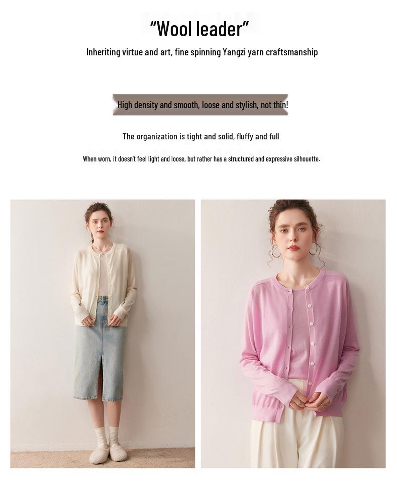 Women's 100% Pure Wool Saddle Shoulder Cardigan - Thin, Round Neck, Fine Knit, Long Sleeve for Simple Commute
