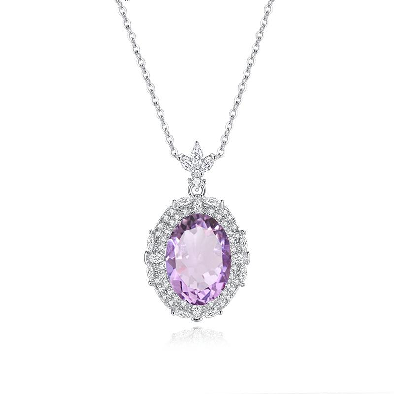 Natural crystal stone oval pendant s925 silver diamond mosaic design collarbone chain niche light luxury fashion jewelry gift