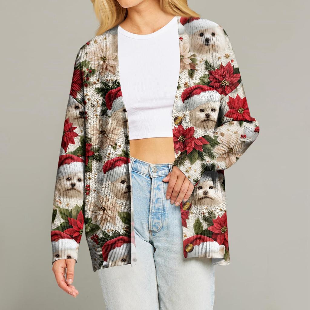 Women's Fashion Long Sleeve Christmas Print V-Neck Button Loose Cardigan Top