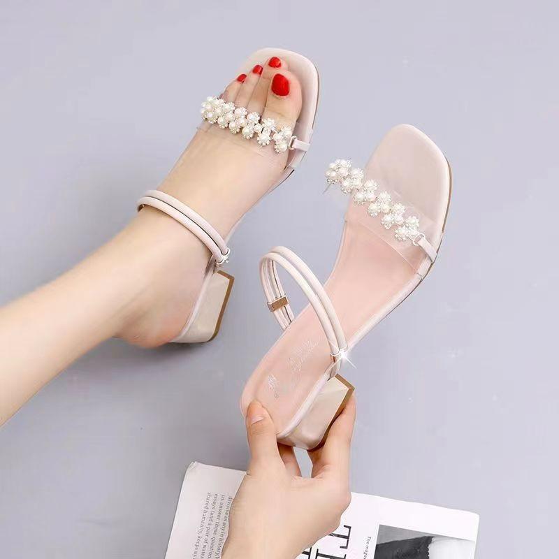

Sandals female summer 2025 new thick heel flat bottom versatile gentle fairy style casual pearl open toe two wear cool slippers 40