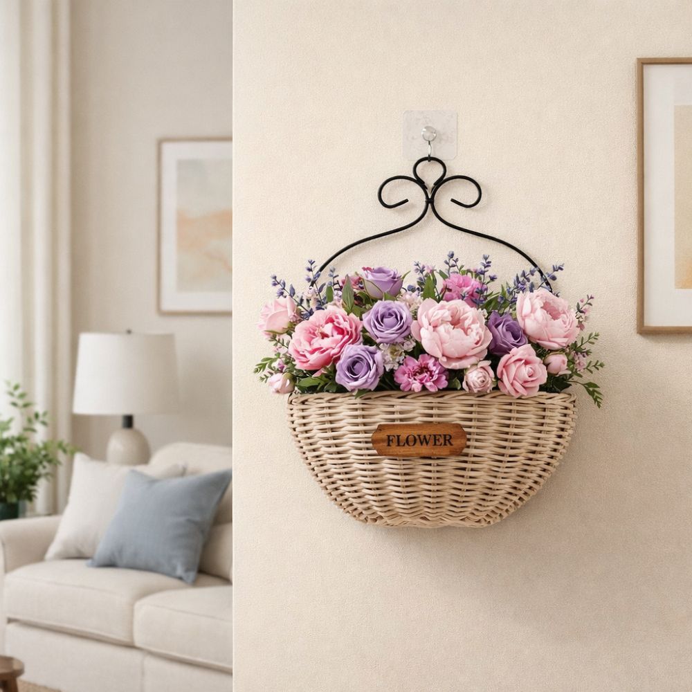 Imitation Rattan Hanging Flower Basket Wear-resistant Wall Mounted Wall Planter Rural Style Handmade Hanging Planter