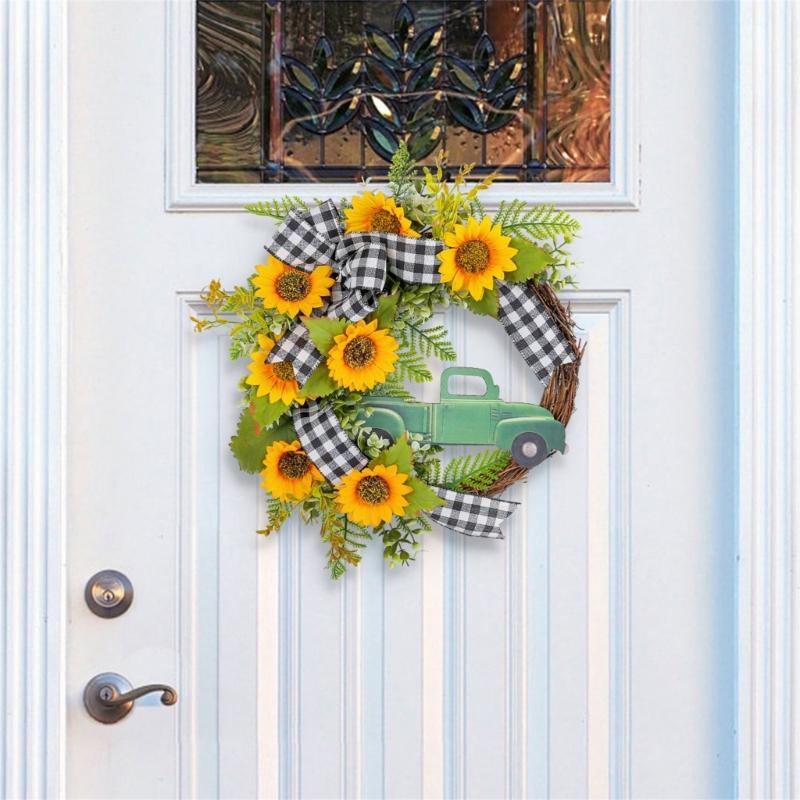 Sunflowers Wreath with Truck for Front Door, Artificial Spring Wreath for Farmhouse Outdoor Garden Wedding Decorations