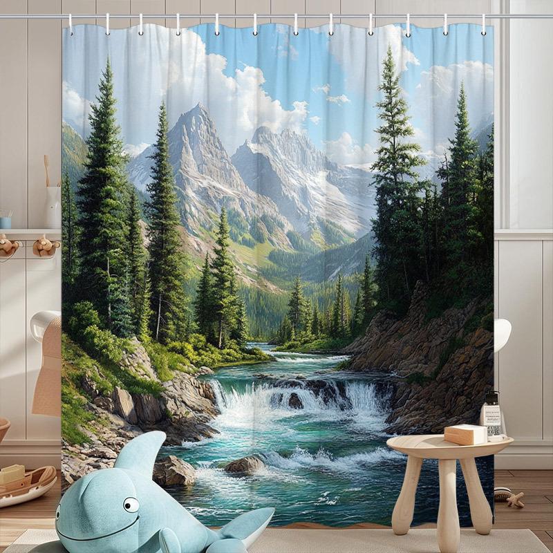 Ruhige Berglandschaft Duschvorhang - Türkiser Fluss, Wasserfälle, Kiefern & Schneebedeckte Gipfel, Polyester, 12 Haken