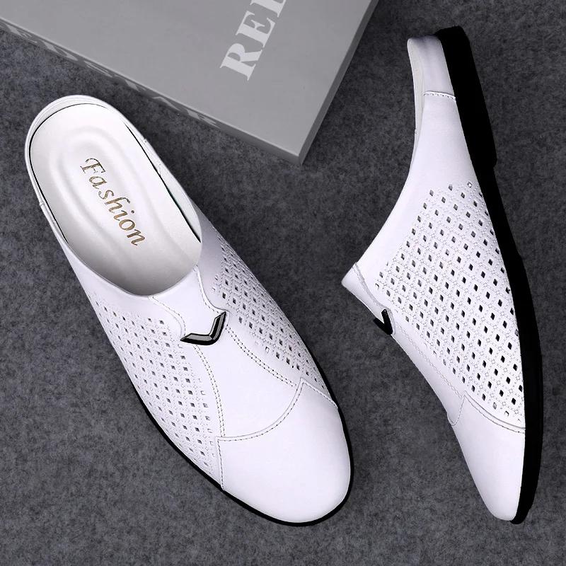 Men's Shoes Casual Brand Mens Mules Penny Loafers Genuine Leather Luxury Half Slipper For Men Breathable Lazy Driving Shoes Man
