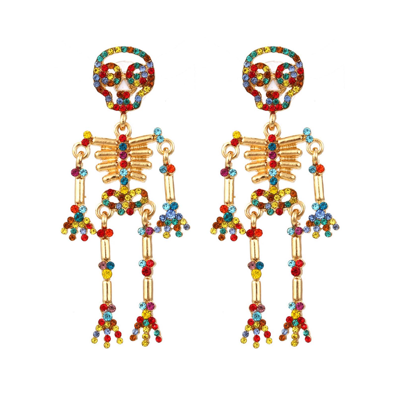 Skeleton Dangle Earrings Colorful Rhinestones Skull Stud Earrings Halloween