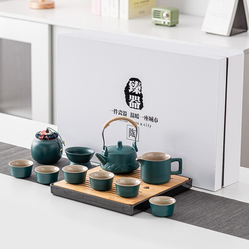 High-end Black Pottery Kung Fu Tea Set Home Living Room Simple Ceramic Dry Brew Tea Tray Light Luxury Modern Large Set Gift Box