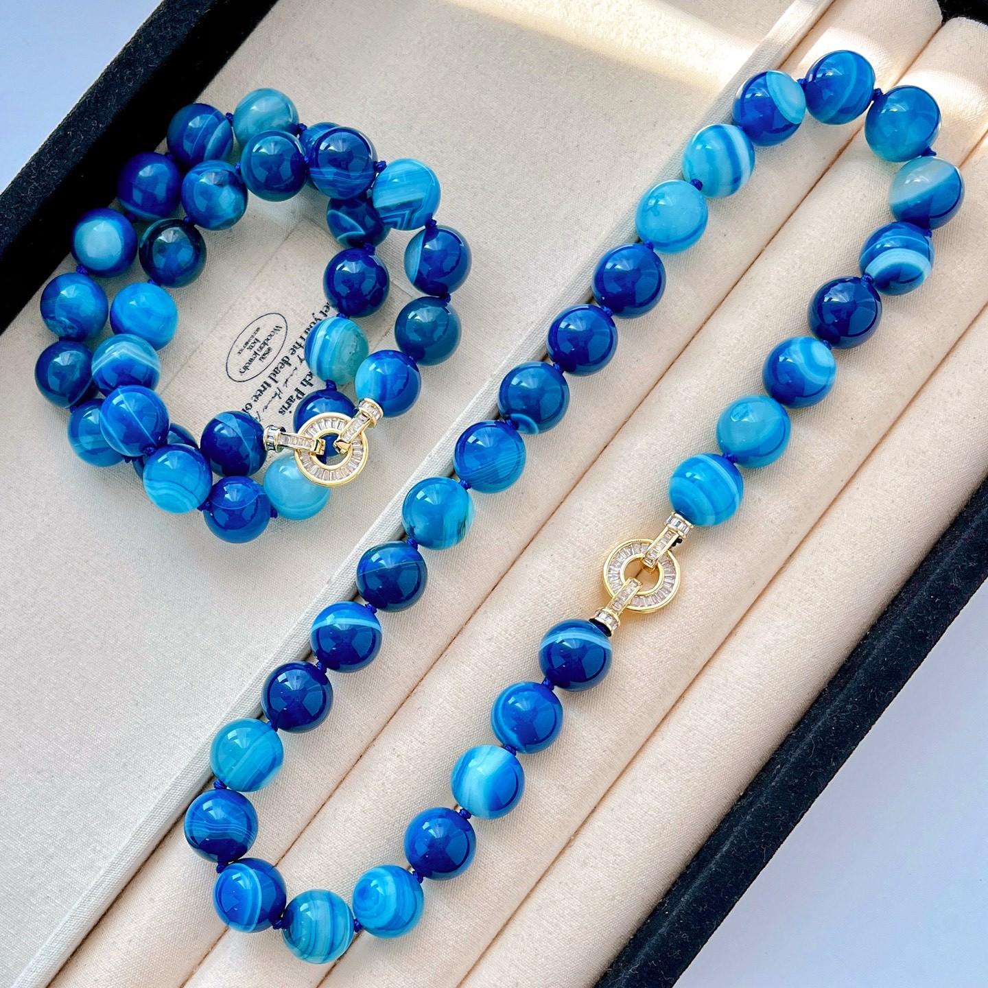 Large Granular 14Mm Natural Blue Agate Basic Necklace Clavicle Chain