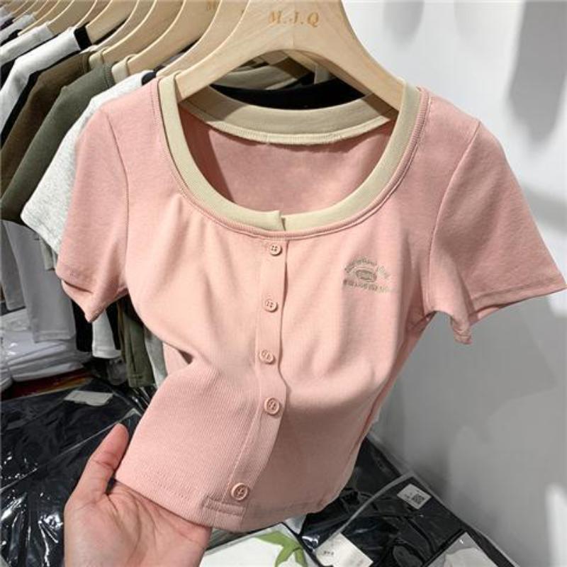 

Летняя женская футболка Clash Colour Row Button Fake Two Pieces с квадратным воротником и коротким рукавом, вышитые тонкие и короткие топы 3XL розовый