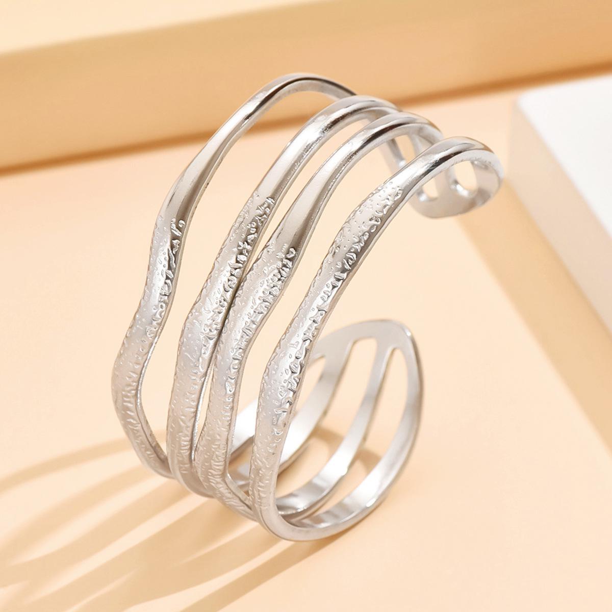 Wide Band Multi-layer Irregular Texture Stainless Steel Open Cuff, Vacuum Plated 18K Gold Bracelet