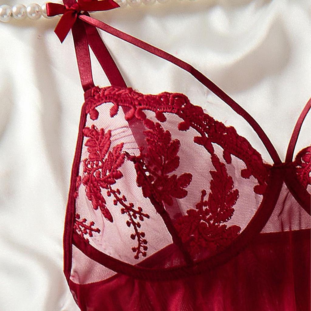 2025 New Sexy Ultra-Thin Lingerie Slip Dress with T-Pants, Transparent Mesh, Wheat Ear Embroidery Flirtatious Pajamas