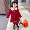 2024 Girls' Long-Sleeve Red Festive Winter Dress - New Year Princess Skirt