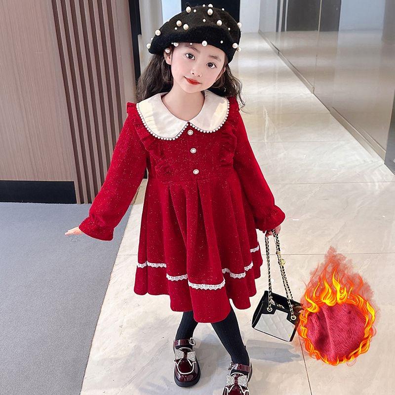 2024 Girls' Long-Sleeve Red Festive Winter Dress - New Year Princess Skirt