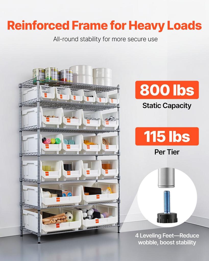 7-Tier Rolling Bin Storage Rack, 22 Organizer Bins, Bin Rack Storage Steel Wire Shelving System with Wheels, Mobile Tool Organizer for Garage,