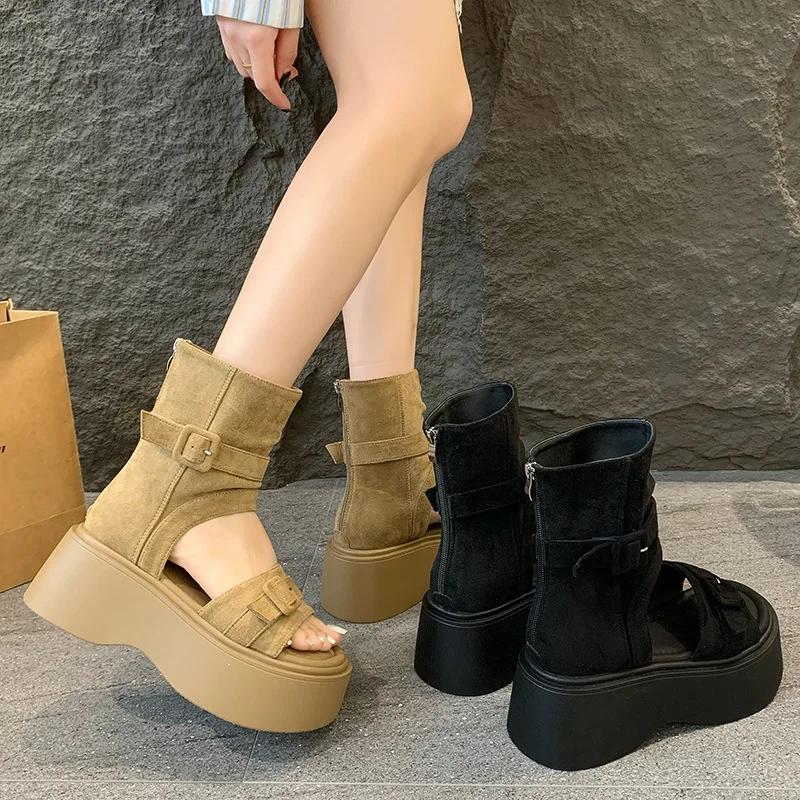 Summer 2026 Women's Thick Heel Ankle Boots Soft Bottom Toe Covering Sandals Roman Style Heightening Pants Tube Slippers