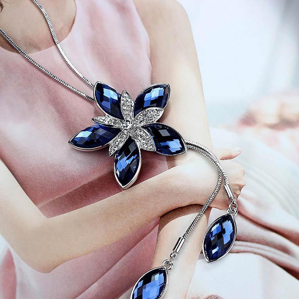 Elegant Windmill Flower Rhinestone Tassels Pendant Sweater Chain Women Necklace