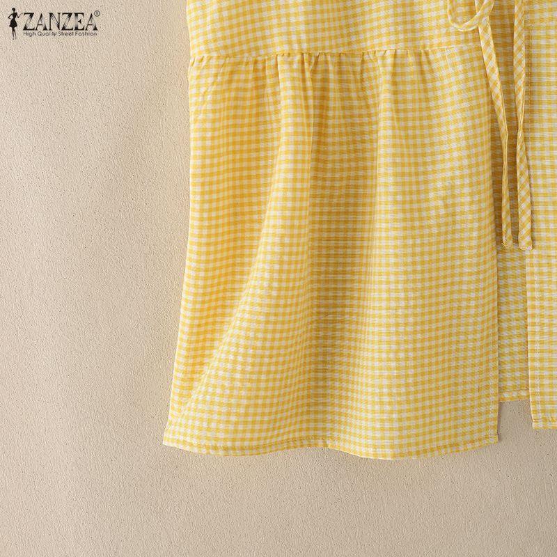 ZANZEA Women Plaid Print Casual V-Neck Sleeveless Blouse
