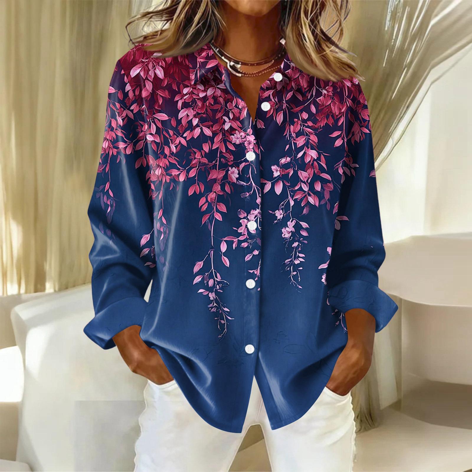 

Жіноча сорочка з ґудзиками з квітковим принтом, повсякденна сорочка з довгим рукавом звичайного крою, блузки, повсякденні базові топи великих розмірів XL