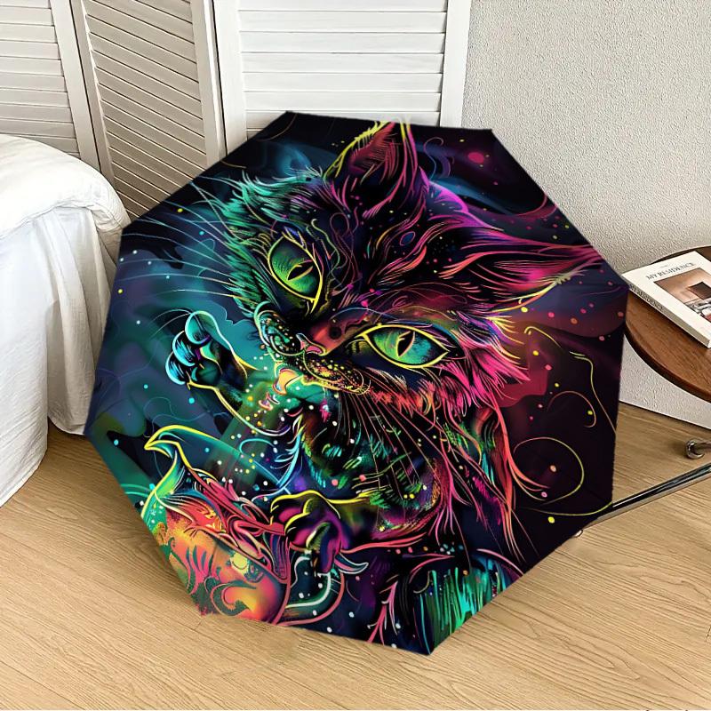 1PC Neon Cat Automatic Folding Umbrella - Compact 8-Rib Design, Durable Plastic & Iron, Lightweight for Outdoor Daily Use, Festive Gift059