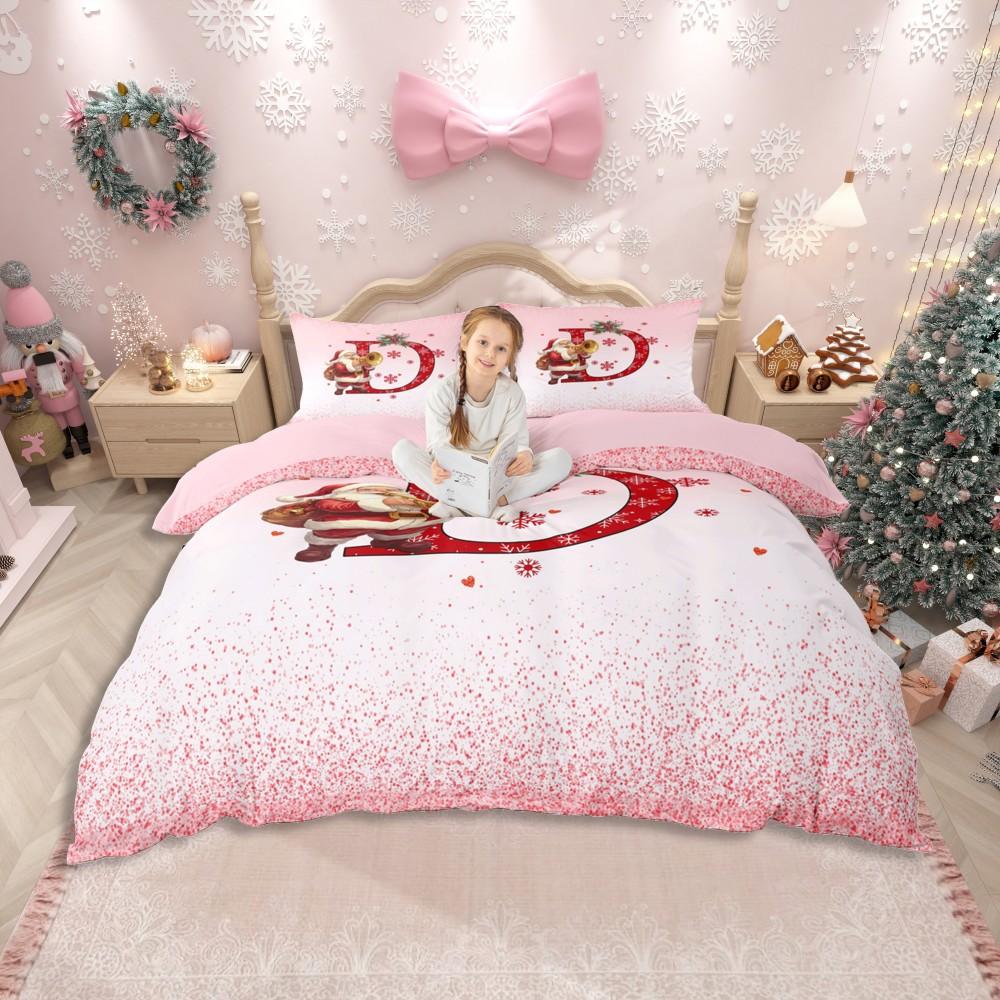 Homewish Červený Set povlaku na přikrývku s písmeny A až M, Kawaii Kreslený Set ložního prádla s Santa Clausem, Veselé Vánoce Oboustranný Set do postele