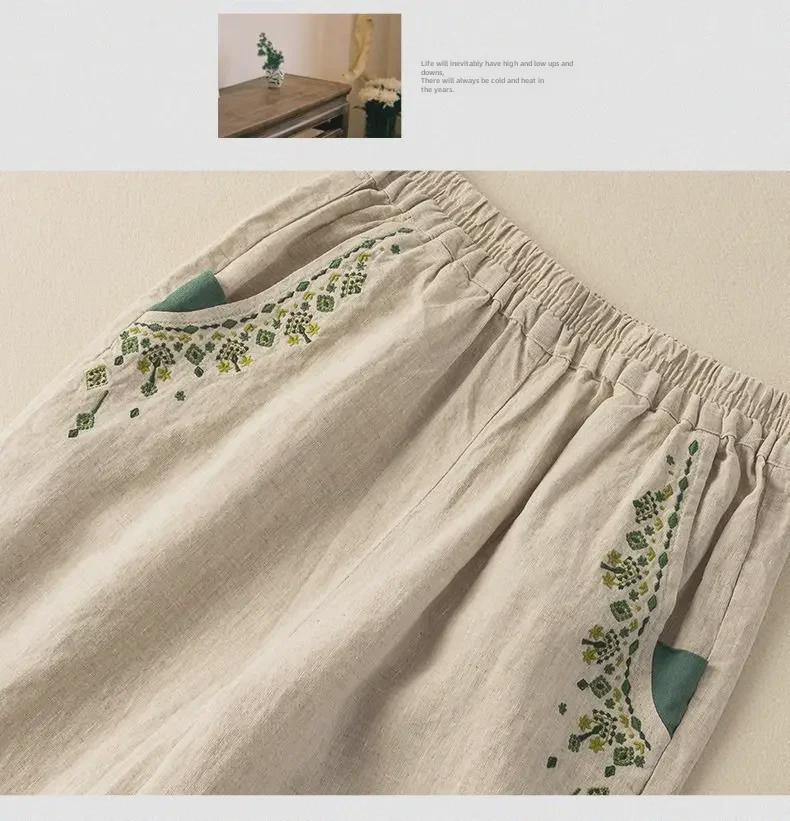 Damen 2024 Retro Bestickte Baumwoll-Leinen Karottenhose: Lässig, locker geschnitten im Harem-Stil für Frühling, Sommer und Herbst.