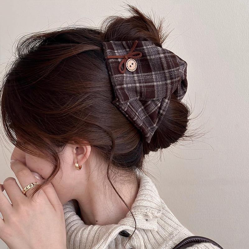 Korean-Style Ins Bow Plaid Hair Clip For Women Large Vintage Hair Clip For Back-Of-Head Updo Shark Clip