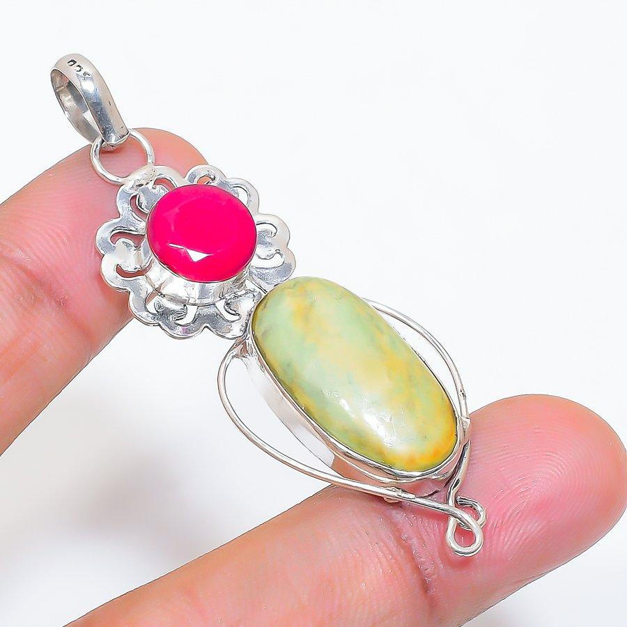 Natural Lemon Chrysoprase, Jade 925 Sterling Silver Jewelry Pendant 2.48" ZS-104