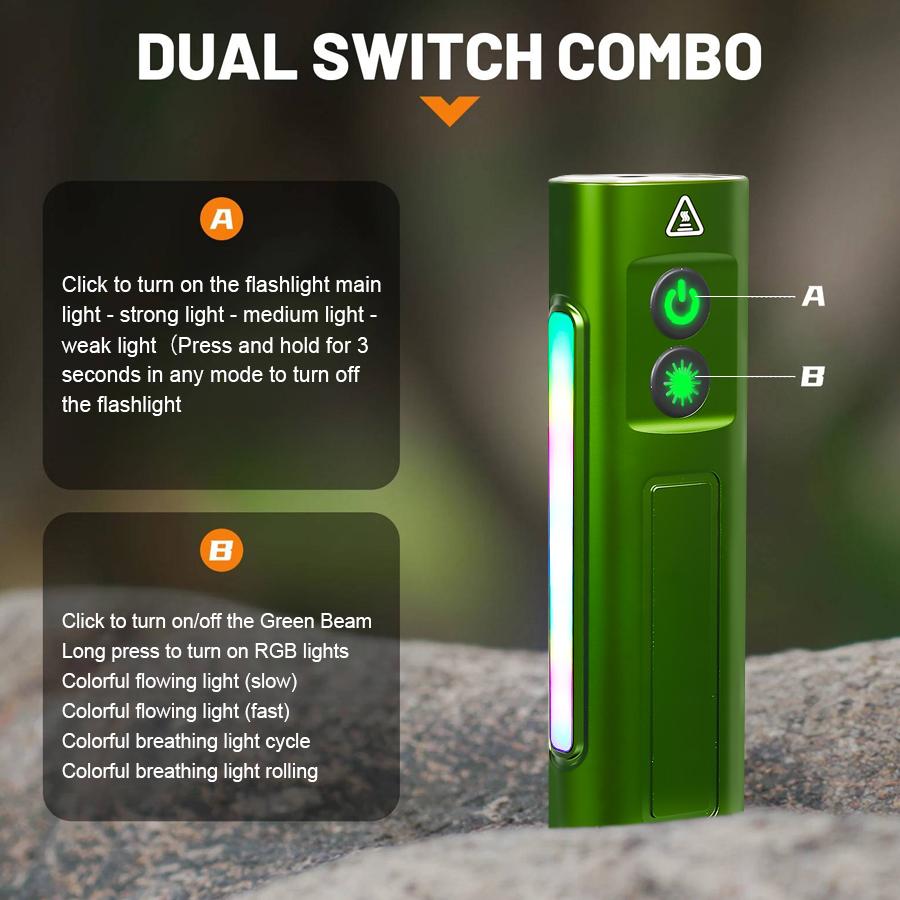 Multifunctional EDC Flat LED Flashlight with Green Beam Rechargeable RGB Side Light Outdoor Waterproof Lantern Camping Hiking