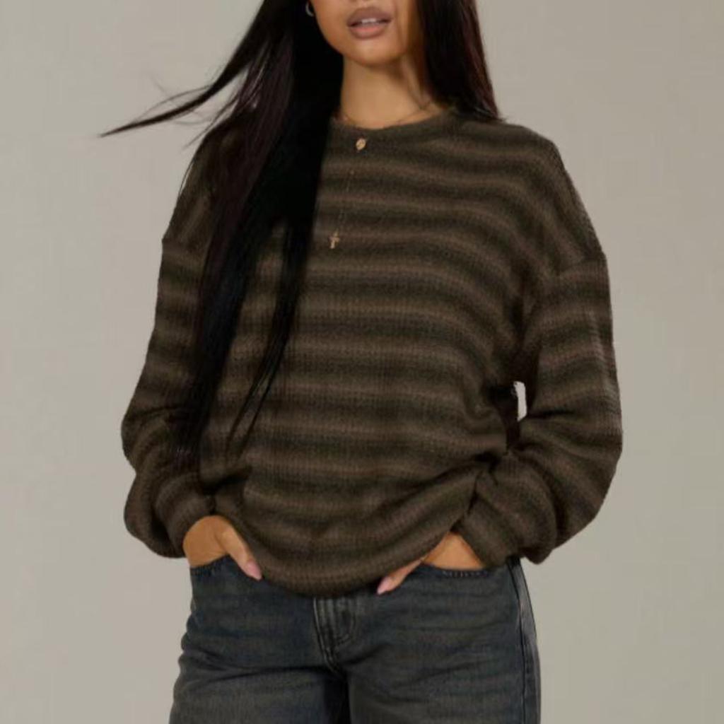 Women Casual Loose Fit Long Sleeve Pullover Top Striped Pattern Crew Neck Lightweight Soft Fabric Sweatshirt for Everyday Wear