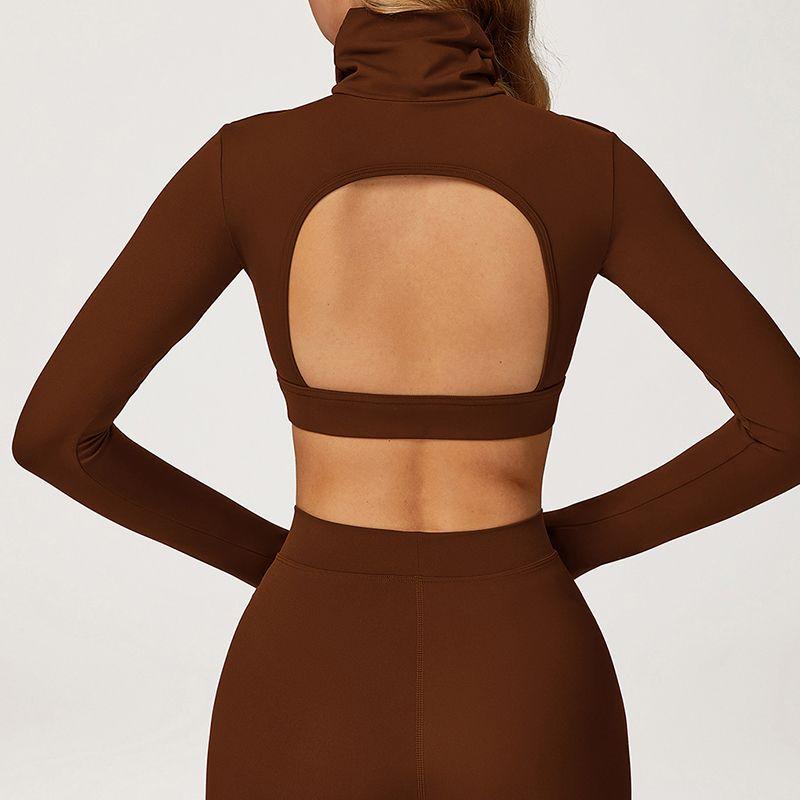 

High Collar Long Sleeves Yoga Clothing Top Women s Fall and Winter Elastic Belt Chest Pad Workout Clothes Beauty Back Short Pilates Athletic Clothing Caramel Brown XL