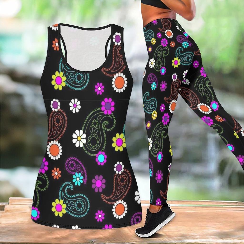 Retro Bedrucktes Yoga-Outfit für Damen Mode Workout Leggings Fitness Sport Freizeit Yoga Set Sportanzug