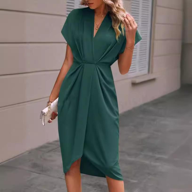 women's Satin V Neck Batwing Short Sleeve Twist Front Wrap Midi Dress Elegant Party Cocktail Dress