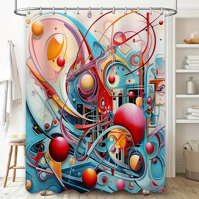 Colorful Space Shower Curtain Modern Bathroom Decor with Red Blue Sphere Design for Home Decoration