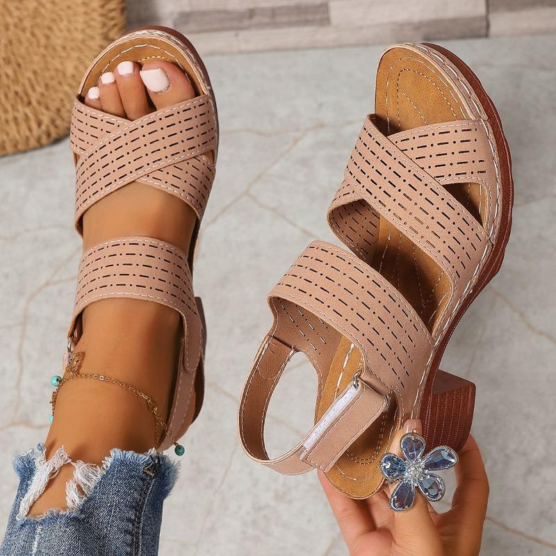 Summer Thick Heel Wedge Sandals Light Hollow Solid Color Large Size Women's Velcro Sandals