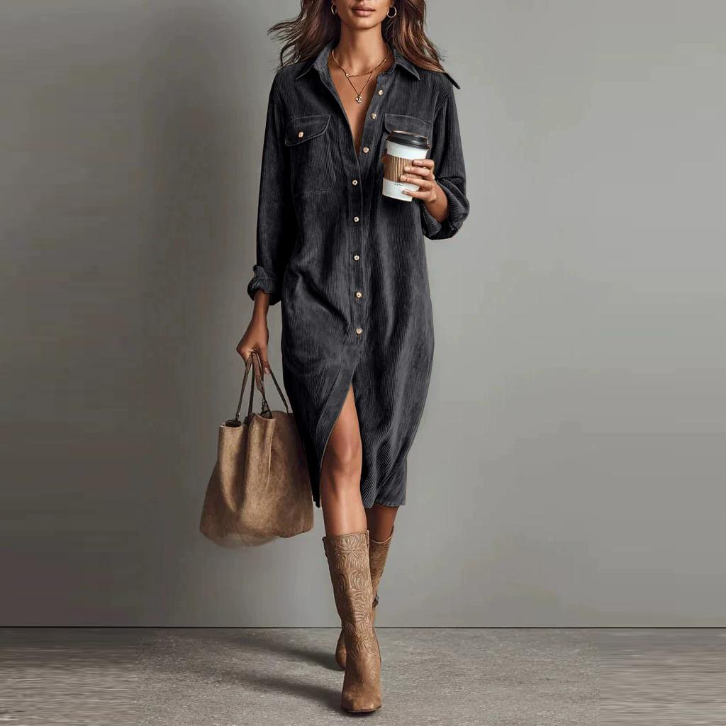 Vintage Women's Dress Spring Summer Office Lady Solid Corduroy Long Sleeve Lapel Shirt Loose Maxi Dresses for Women