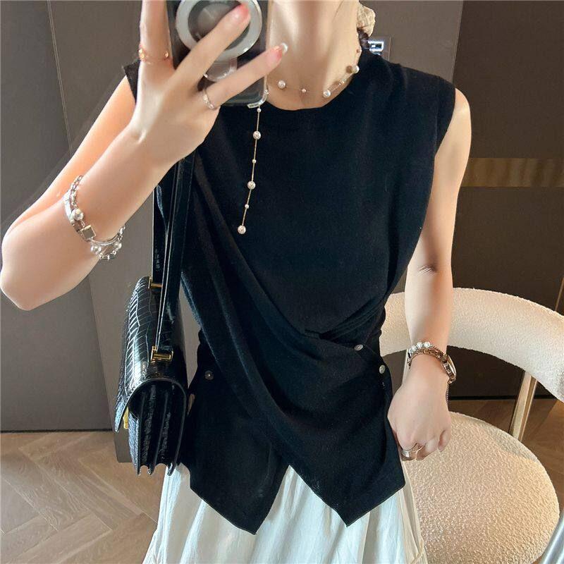 French-Style Elegant Design Pleated Waist-Cinching Sleeveless Knit T-Shirt for Women, 2025 Autumn New Versatile Slim-Fit Top