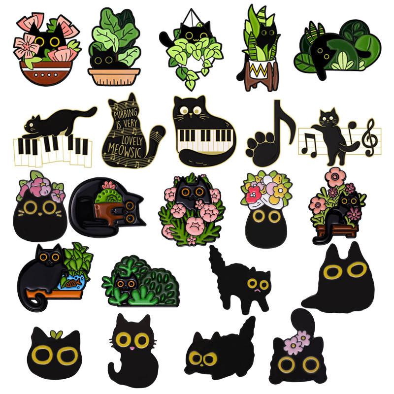 Black Cute Cat Brooch Set With Delightful Floral And Plant Motifs Perfect For Fall Fashion