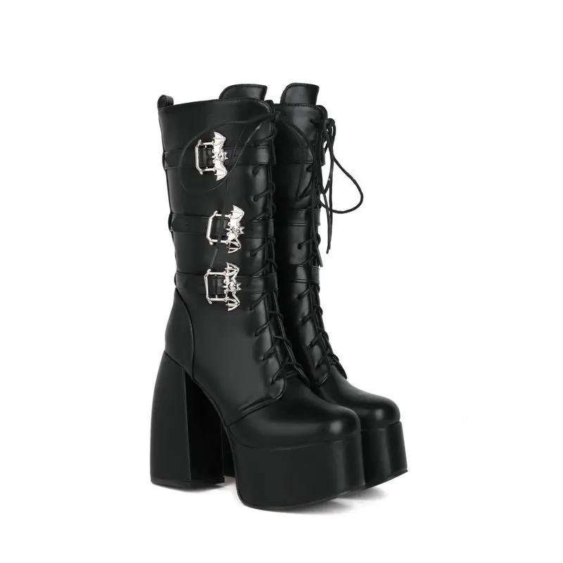 14.5cm Punk Motorcycle Boots Autumn /winter Thick Heel Ultra-high Heel Thick Bottom Strap Middle Boots Patent Leather Booties
