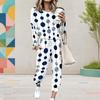 Women Plus Size White Two Piece Pants Set Round Neck Long Sleeve Printed Top Cuffed Pants With Pockets