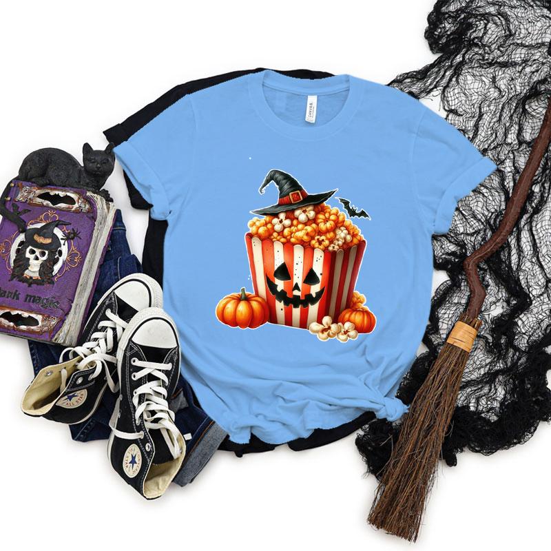 Halloween Popcorn Graphic Short Sleeve Tshirt Women Pumpkin Witch Hats Graphic Classic Tops Horror Popcorn Halloween Tshirts