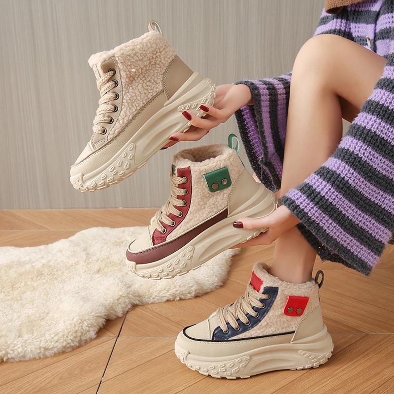 Women's Winter Fashion Casual Trend With Plush Insulation High Top And Height Increasing White Shoes