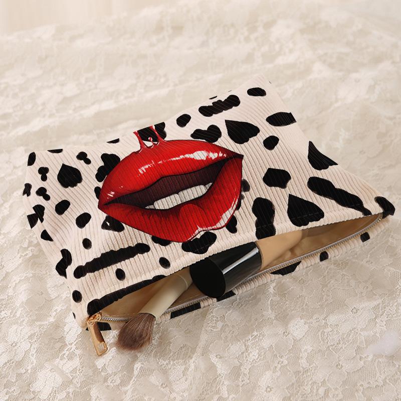 

Lip Pattern Printed Makeup Bag Corduroy With Zipper Cosmetic Storage Bag Multi-Functional Clutch Bags чёрный