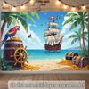 2D Flat Banner, 1 Piece. Horizontal Banner Depicting a Pirate Parrot Sitting On a Treasure Bucket, At a Party.