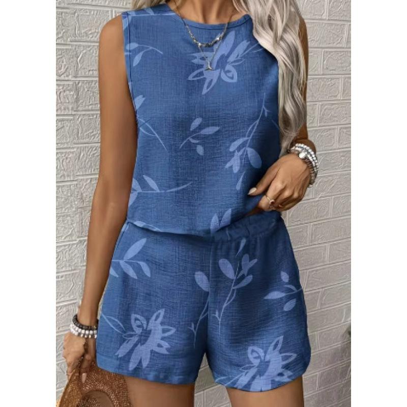 2026 European and American Cross-border Foreign Trade Summer Casual Sleeveless Vest Women's Clothing Comfortable Crew Neck Shorts Set Advanced Texture