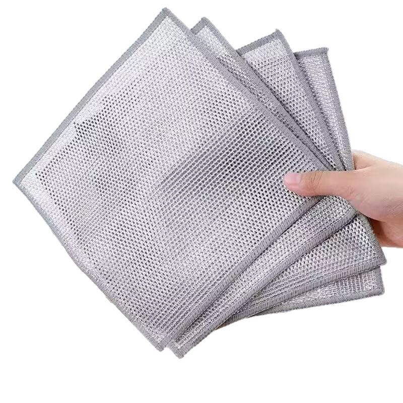Silver Double-Sided Steel Wool Dishcloth - Non-Stick, Oil-Resistant Scouring Pad for Kitchen Cleaning